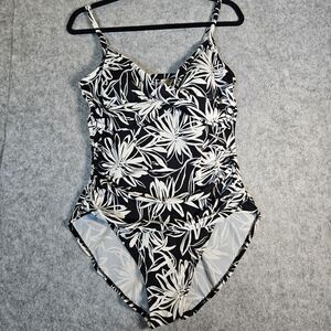 Croft & Barrow Black White Floral Print Molded Cup 1 Piece Swimsuit Beach Sz 14